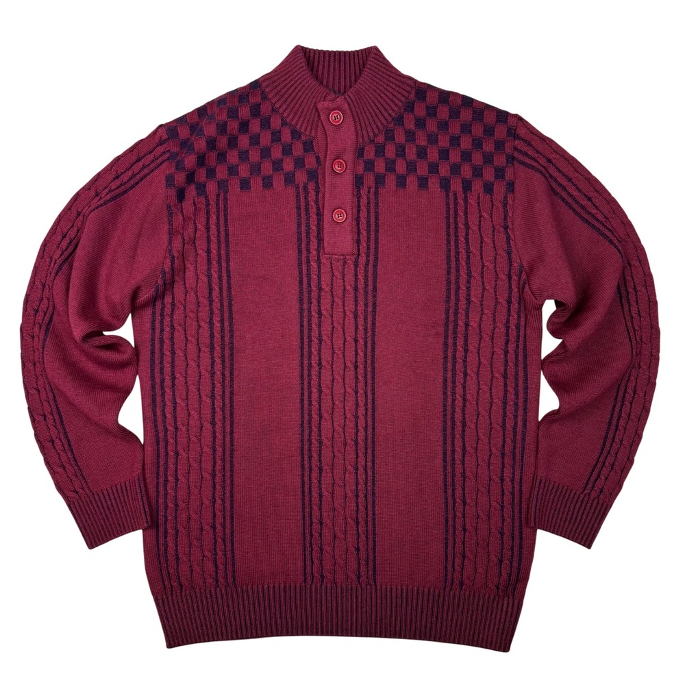 DVR Cable Knit Quarter Button Neck Sweater Mens XL Burgundy Preppy Career Office